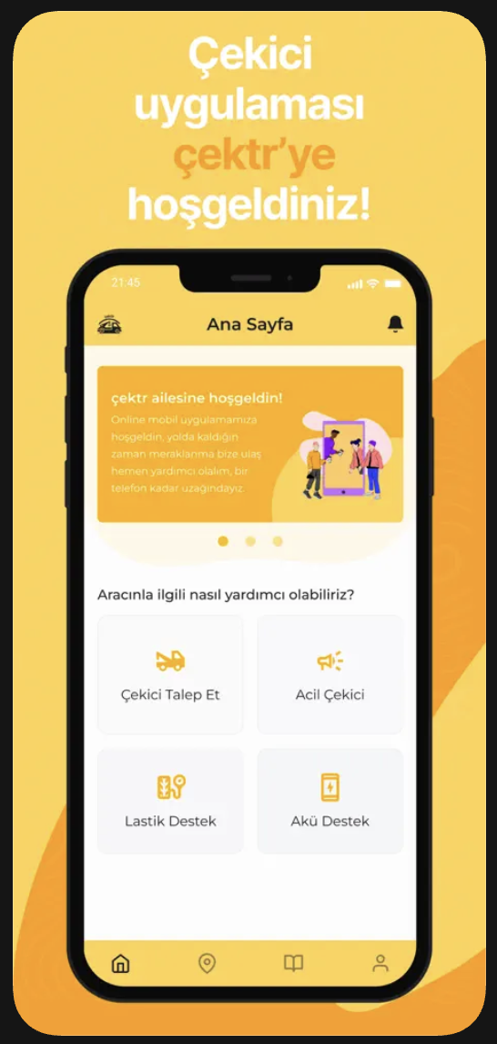 Çektr uygulamasında çekici talep ana sayfa ekranı