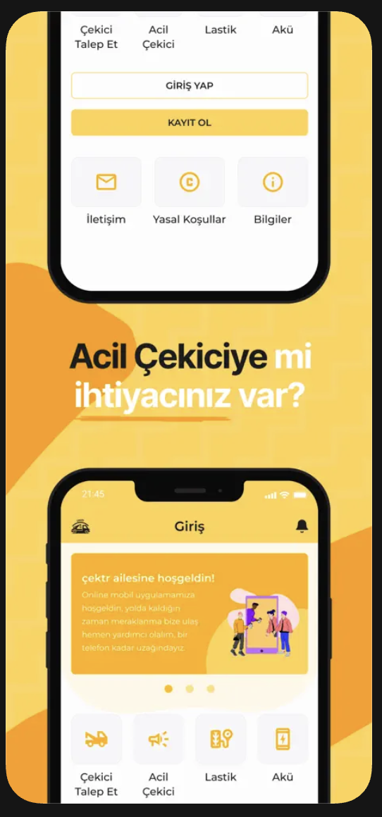 Çektr uygulamasında acil çekici tanıtım ekranı