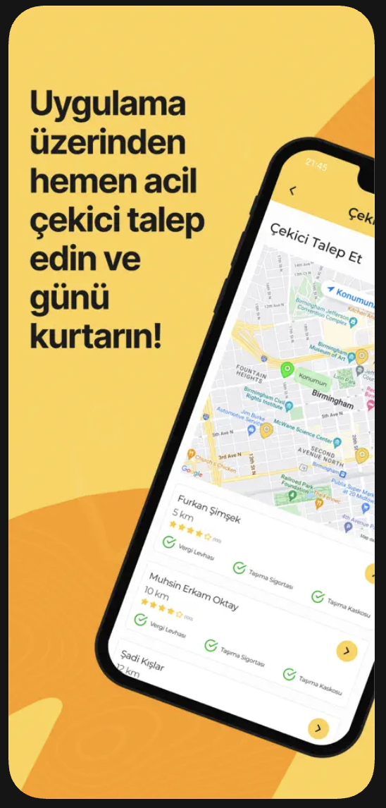 Çektr uygulamasında harita üzerinden çekici talep ekranı