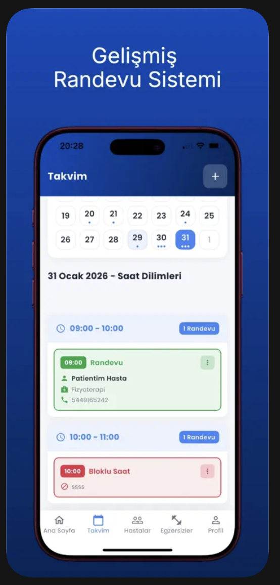 Egzersiz Saati uygulamasında gelişmiş randevu takvimi ekranı