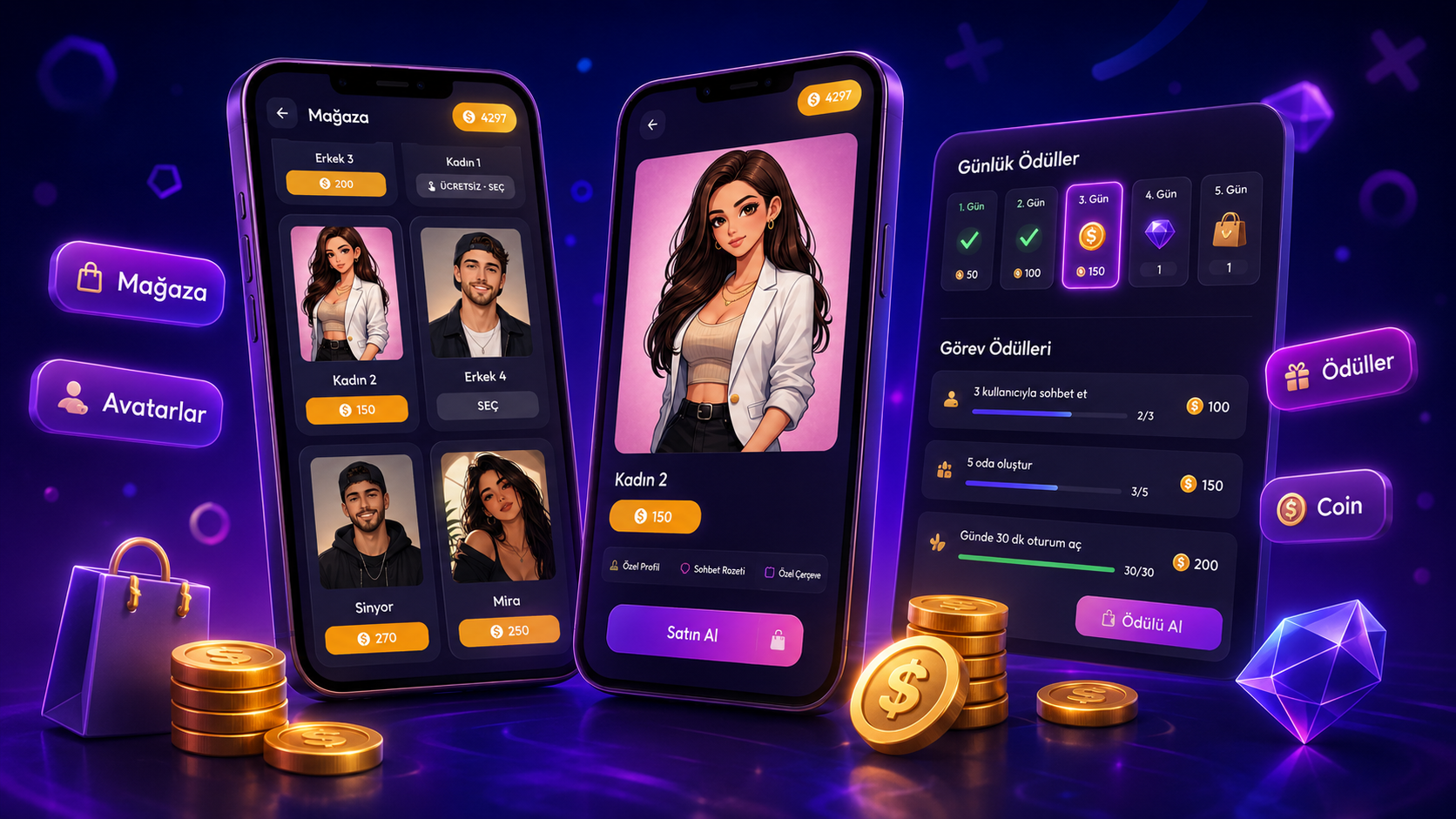 Lafla mobil uygulamasında avatar mağazası, ödül ve coin ekranları
