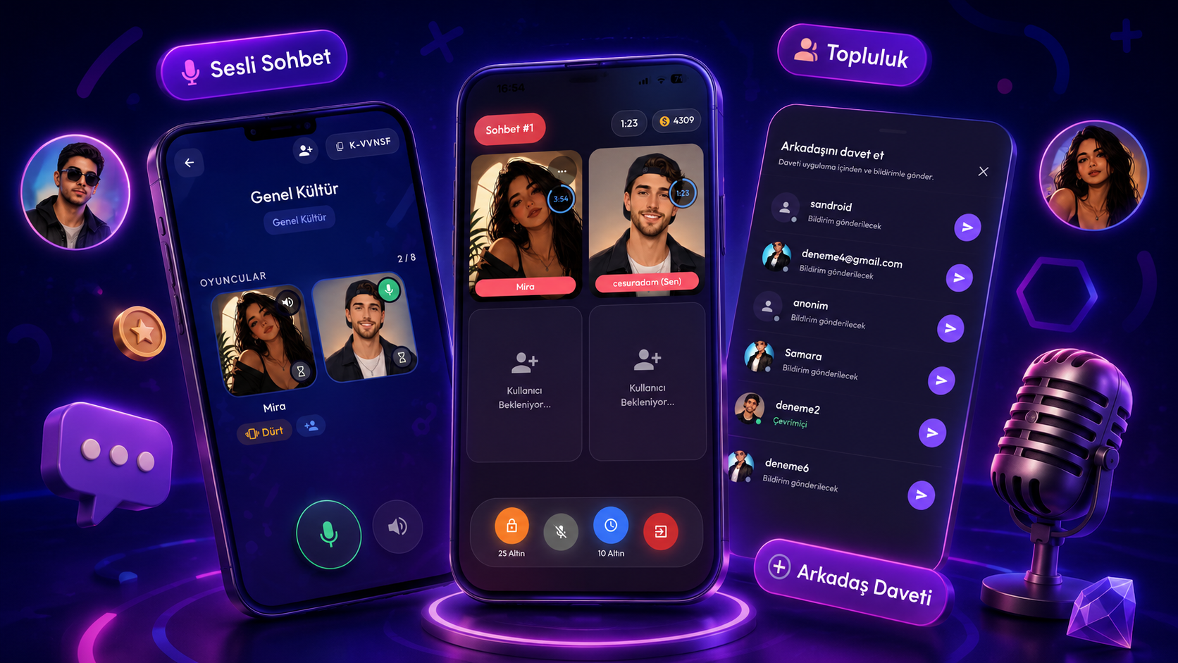 Lafla mobil uygulamasında sesli sohbet ve arkadaş daveti ekranları