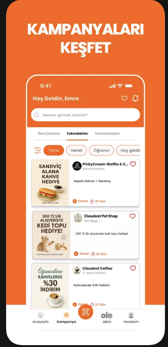 Ole uygulamasında kampanya listesi ekranı