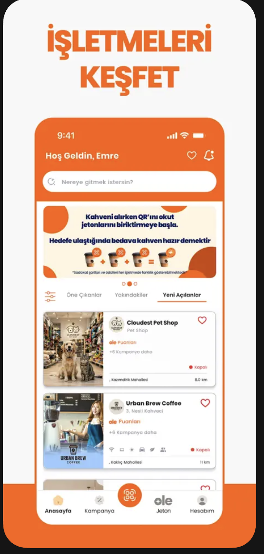 Ole uygulamasında işletme keşif ekranı
