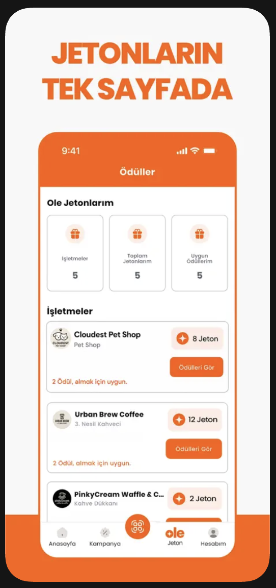 Ole uygulamasında jeton ve ödül ekranı